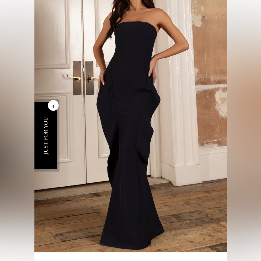 Navy Blue Strapless Draped Fishtail Maxi Dress